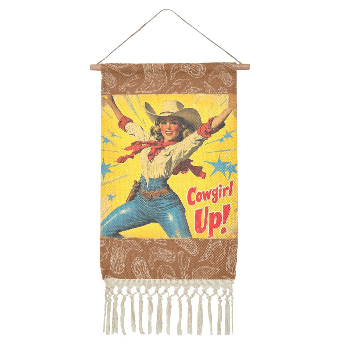Baha Ranch Cowgirl Up Vintage Western Wall Decor Linen Hanging Poster with Fringe Made in America