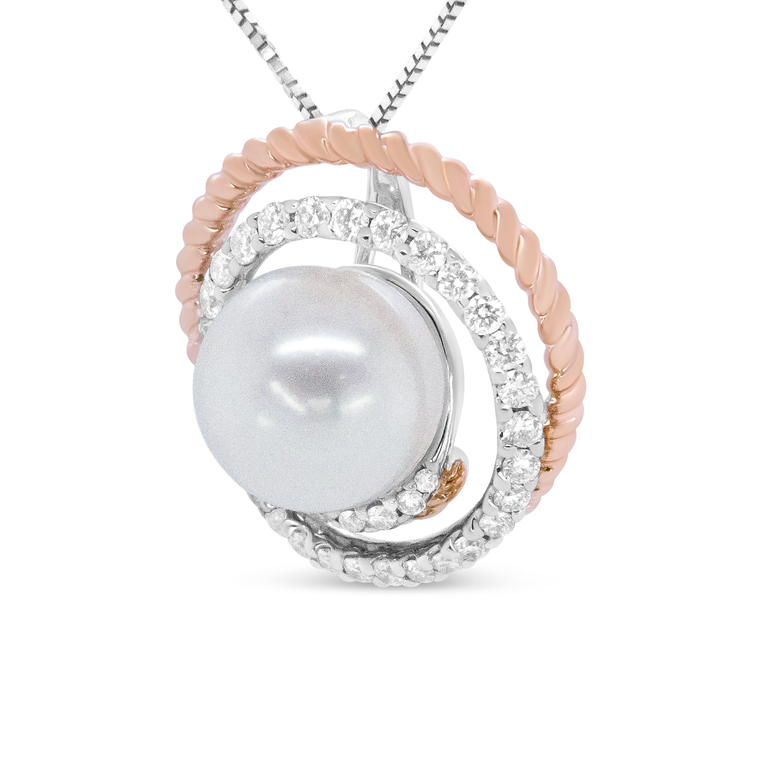 14K Rose and White Gold 3/8 Cttw Pave Diamond and 9mm Round Pearl Spiral Openwork 18" Pendant Necklace- (H-I Color, VS1-VS2 Clarity)