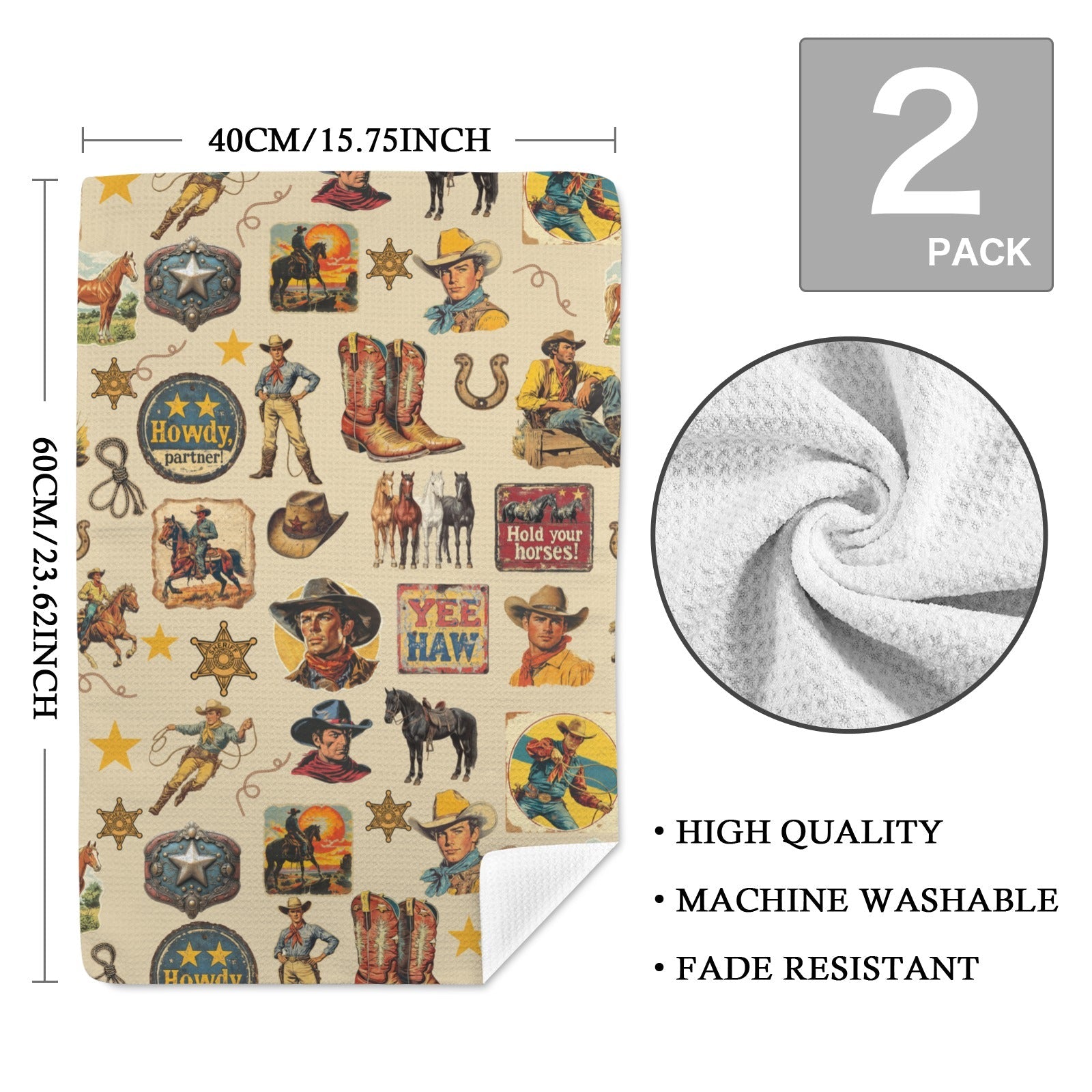 Baha Ranch Vintage Cowboy Collage Set of 2 Dish Towels Made in America