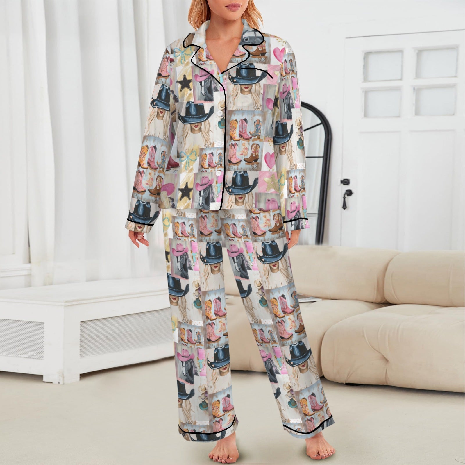 Baha Ranch Danilo Painted Cowgirl Western Satin Long Pajama Set