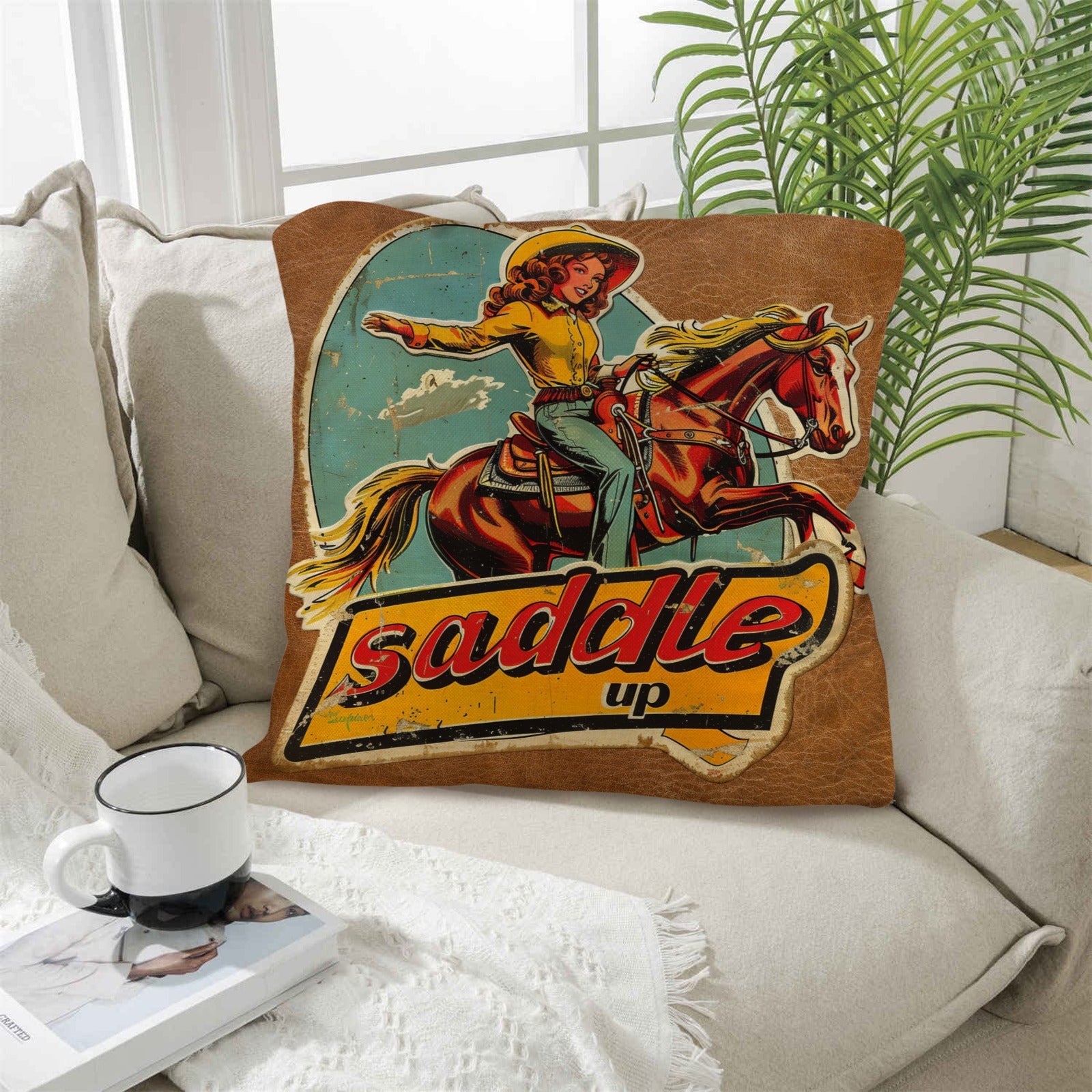 Baha Ranch Saddle Up Vintage Cowgirl Throw Pillow Case 18x18inch Made in America