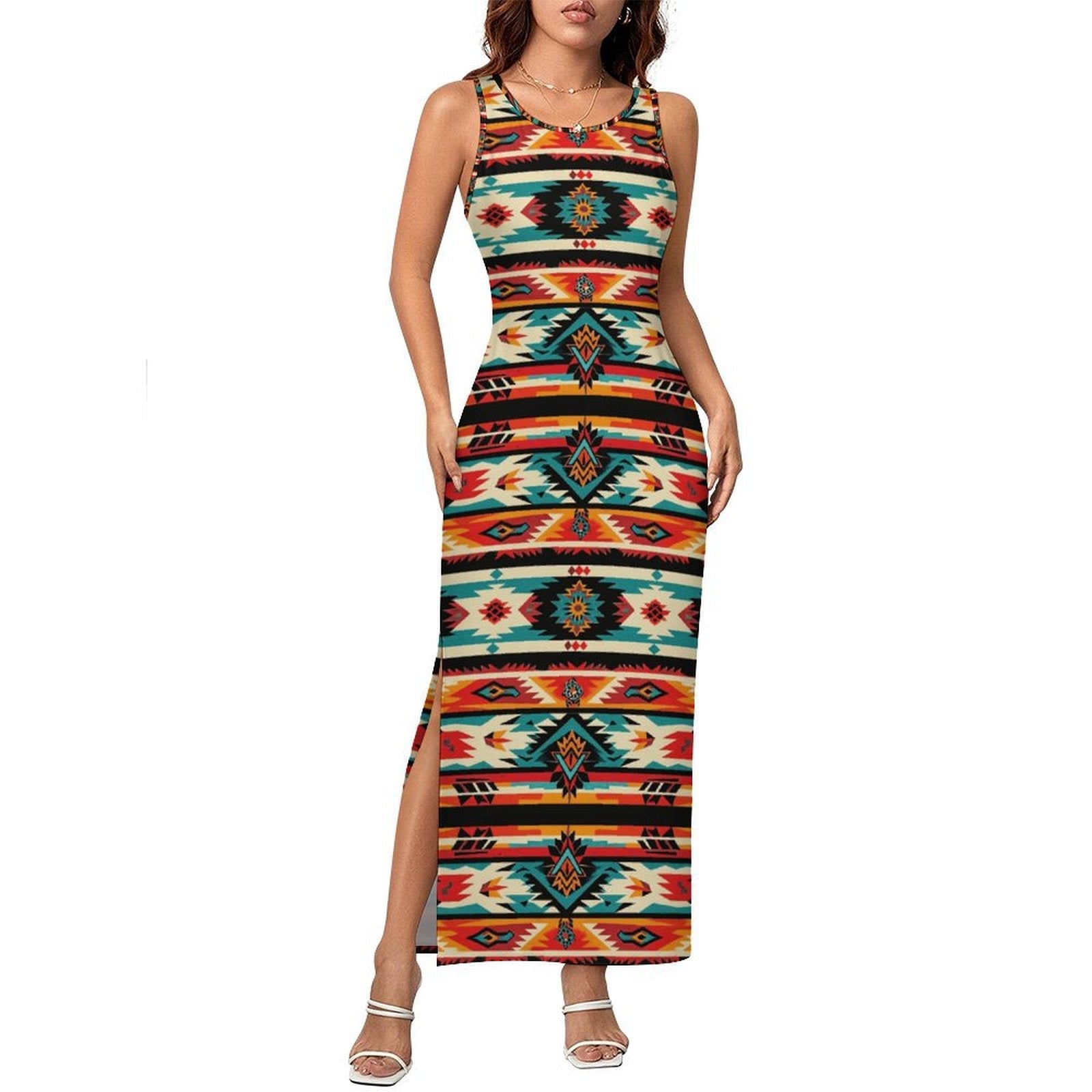 Baha Ranch Santa Fe Sleeveless Bodycon Side Slit Western Maxi Long Dress