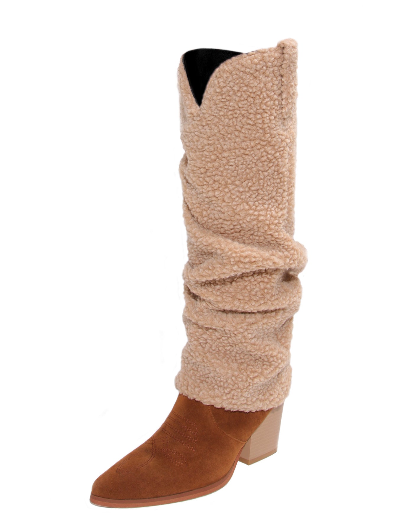 Embroidery Pointed Toe Western Cowboy Boots For Women Pleated Leather Knee High Shoes Chunky Square Heels
