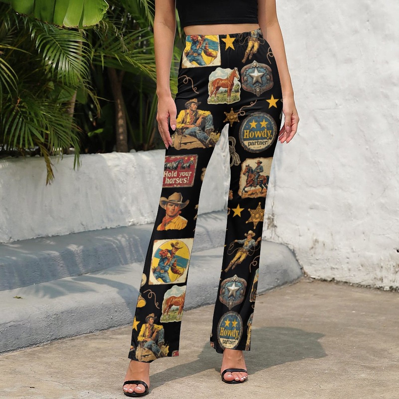 Baha Ranch Vintage Cowboy Collage Western Flare Pants