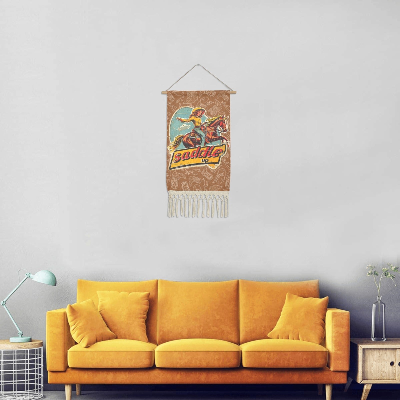Baha Ranch Saddle Up Western Wall Decor Linen Hanging Poster with Fringe Made in America