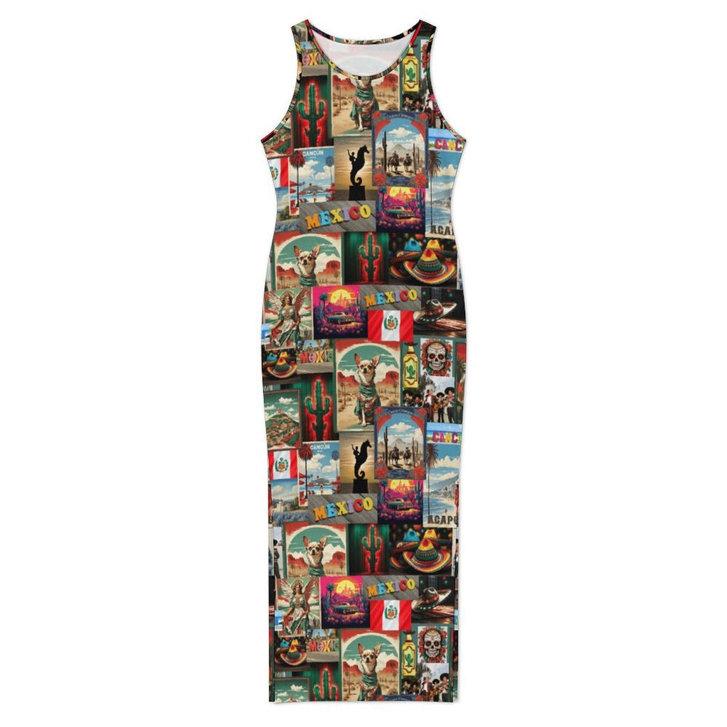 Baha Ranch Colores De Mexico Destination Mexico Sleeveless Bodycon Side Slit Long Dress