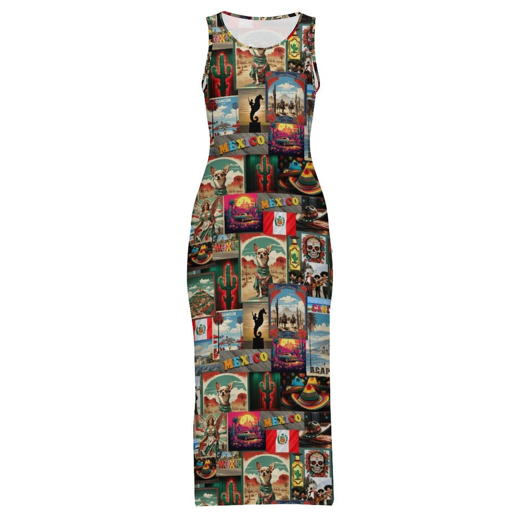 Baha Ranch Colores De Mexico Destination Mexico Sleeveless Bodycon Side Slit Long Dress