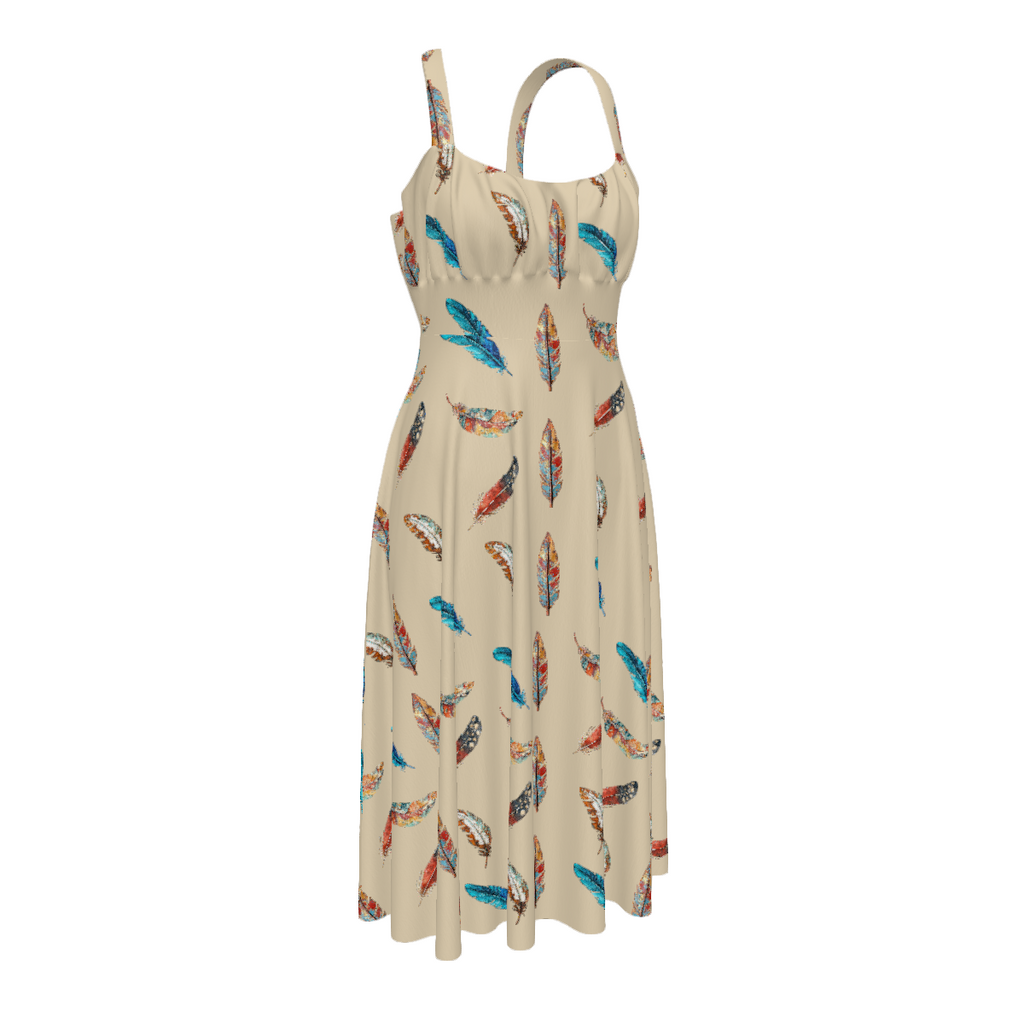Baha Ranch Country Girl Feather Print High Waist Sun Dress