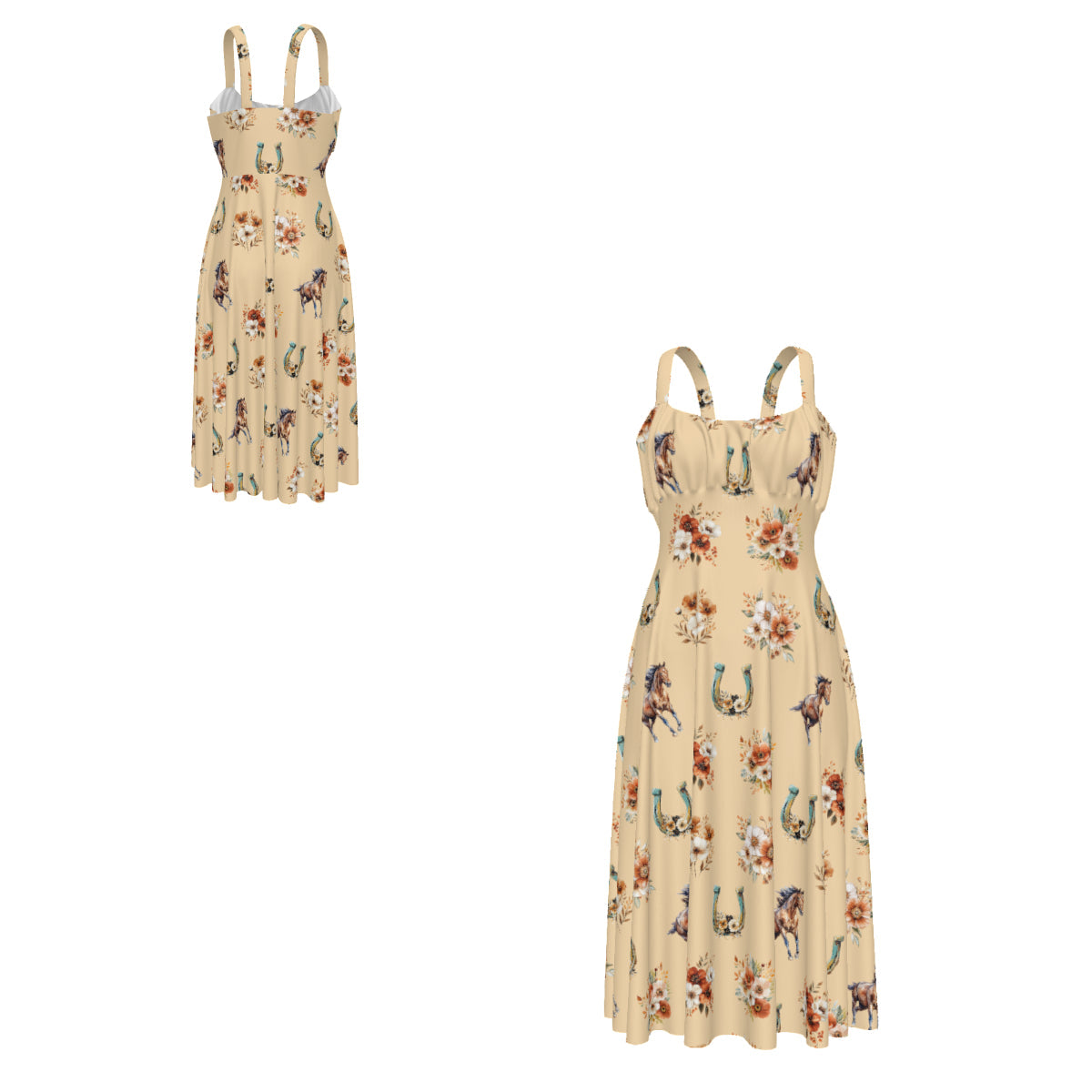 Baha Ranch Floral Horse Western Country Girl High Waist Sun Dress