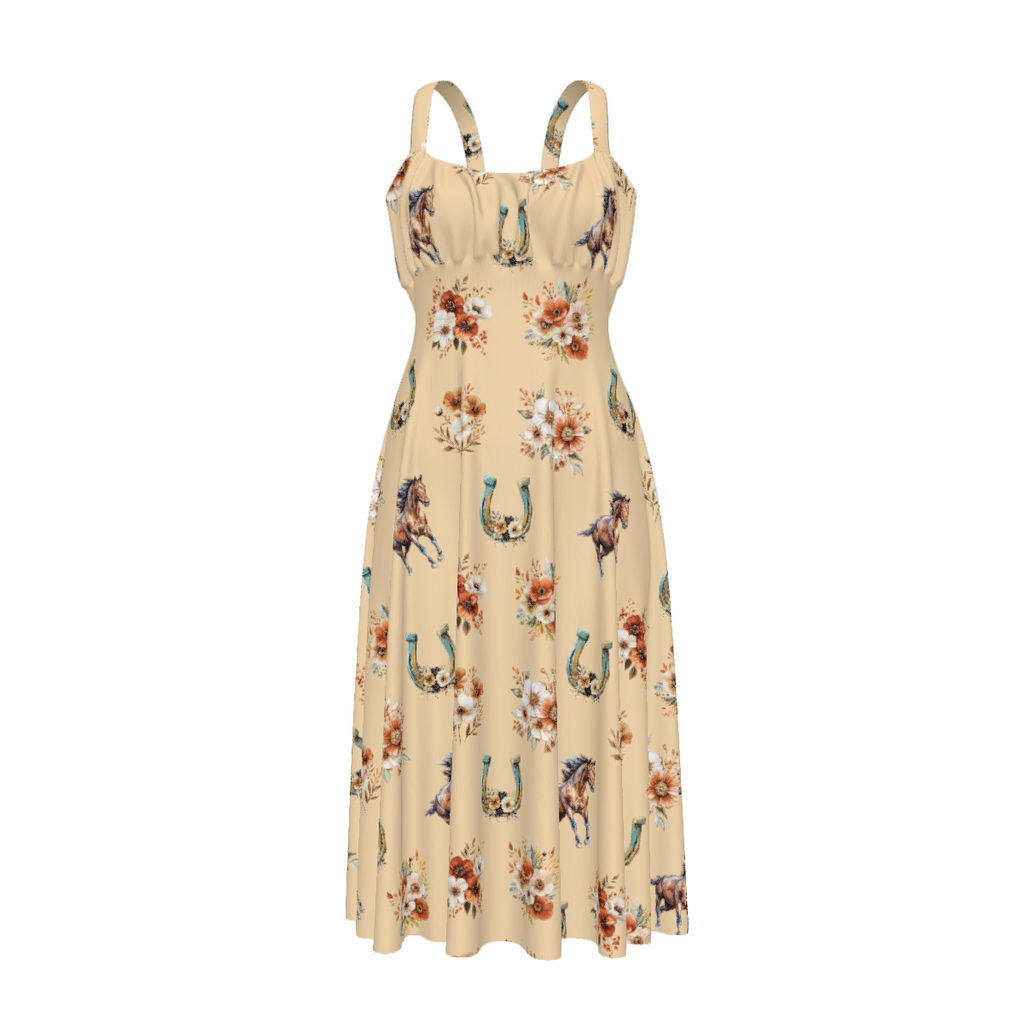 Baha Ranch Floral Horse Western Country Girl High Waist Sun Dress