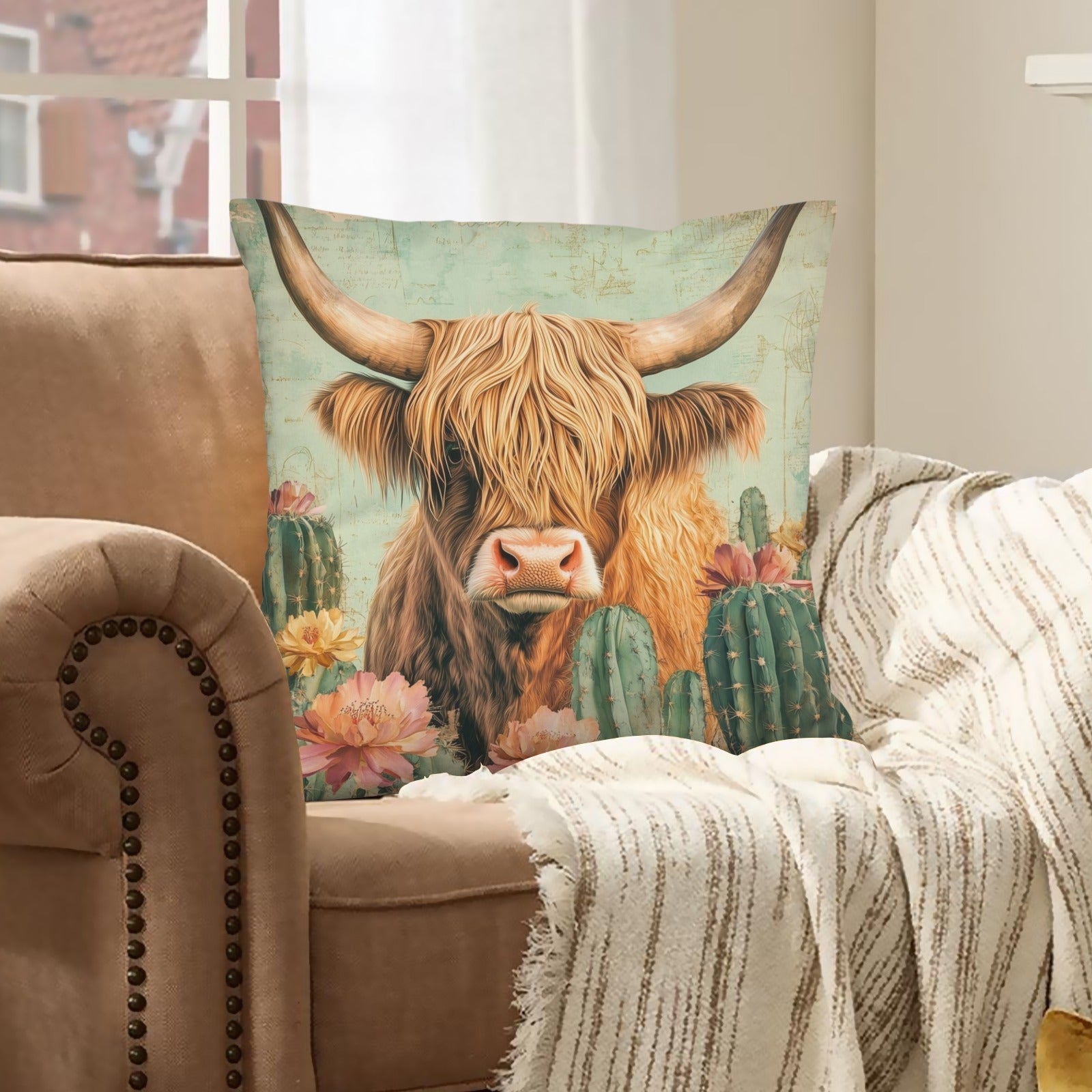 Baha Ranch Cactus Highland Velvety Soft Throw Pillow Cover Made in America
