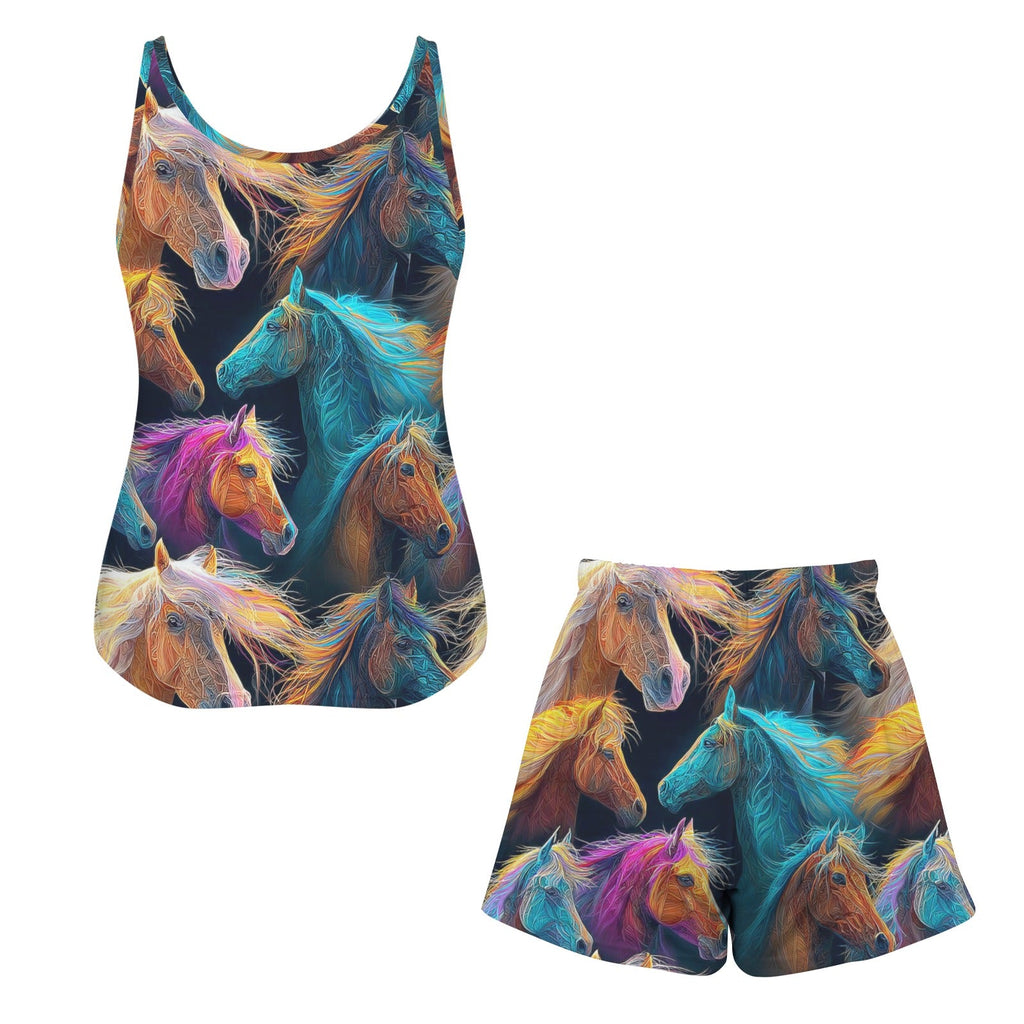 Baha Ranch Colorful Horses Pajama Lounge Tank Shorts Set Made in America