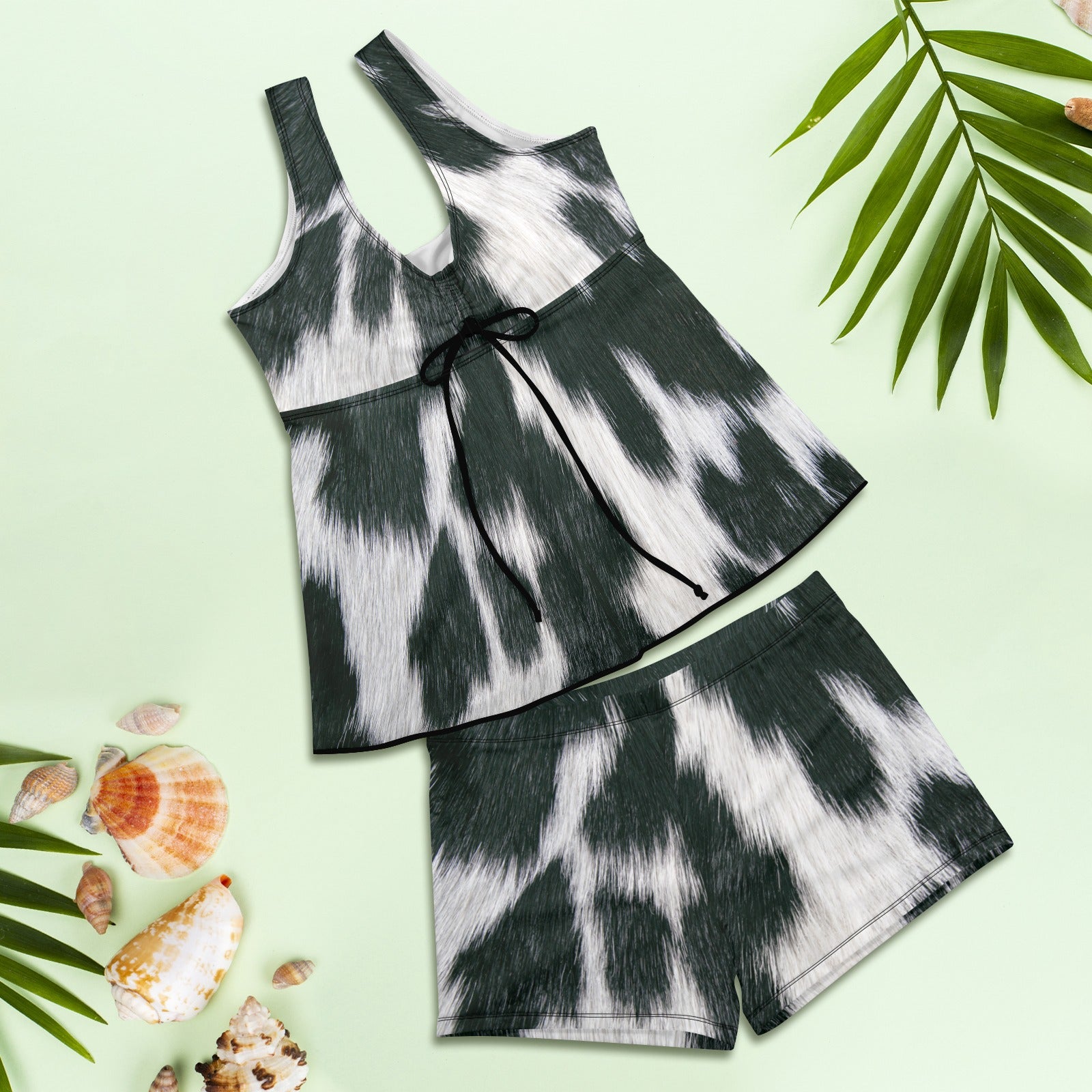 Baha Ranch Black White Cowhide Print Tankini Boy Shorts Swim Set