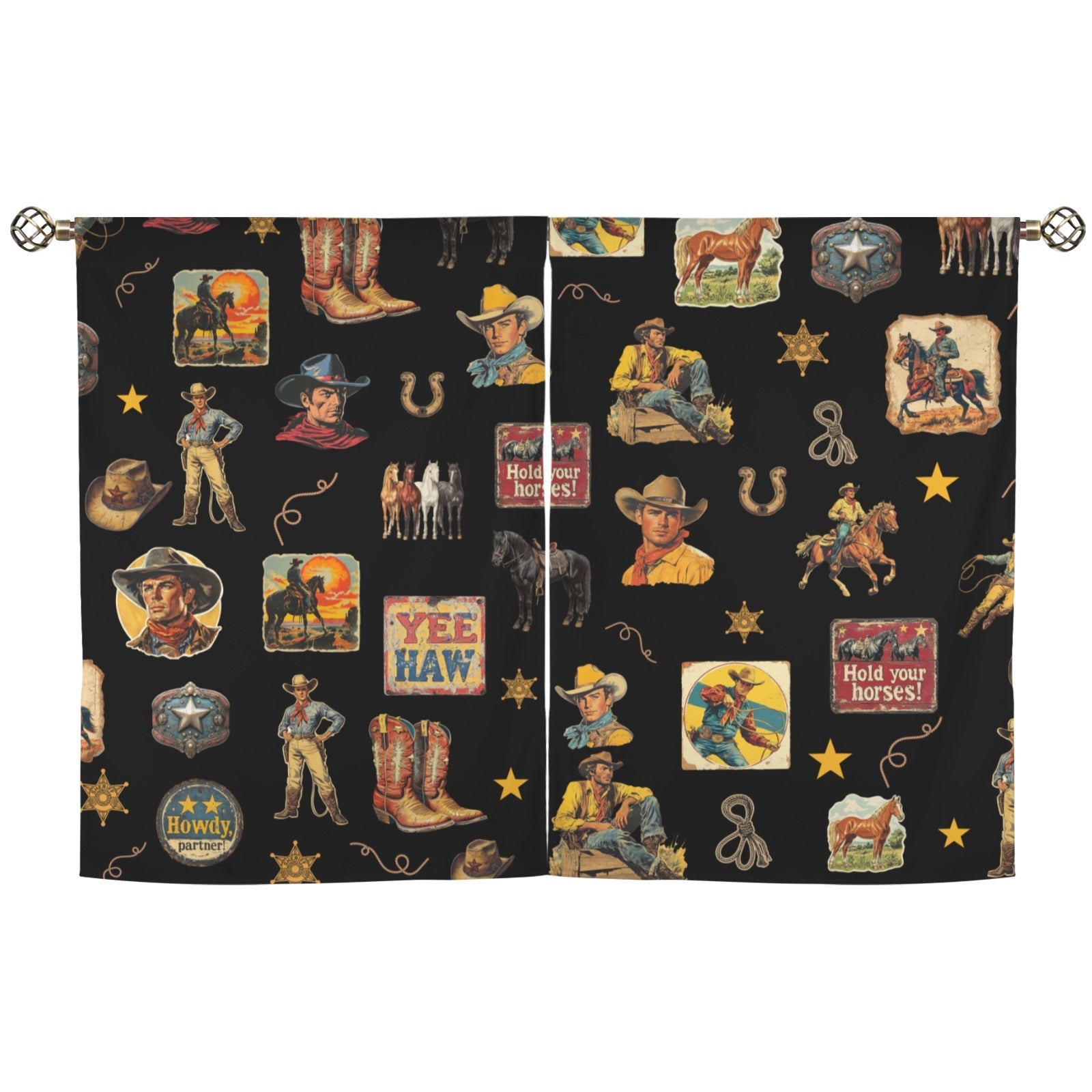 Baha Ranch Vintage Cowboy Collage Western Curtains 28" x 40" Made in America