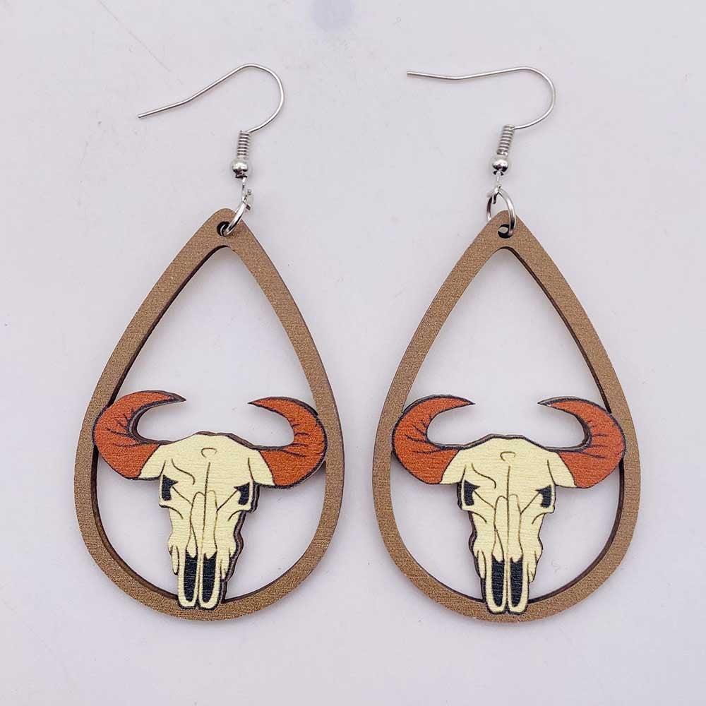 Western Cowboy Wooden Earrings Sunflower Cowhead Boots Pattern Hollow Earrings European and American Earrings