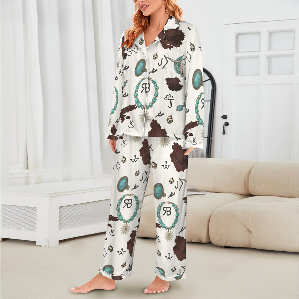 Baha Ranch Brands & Turquoise Cowgirl Christmas Western Cowprint Satin Pajamas