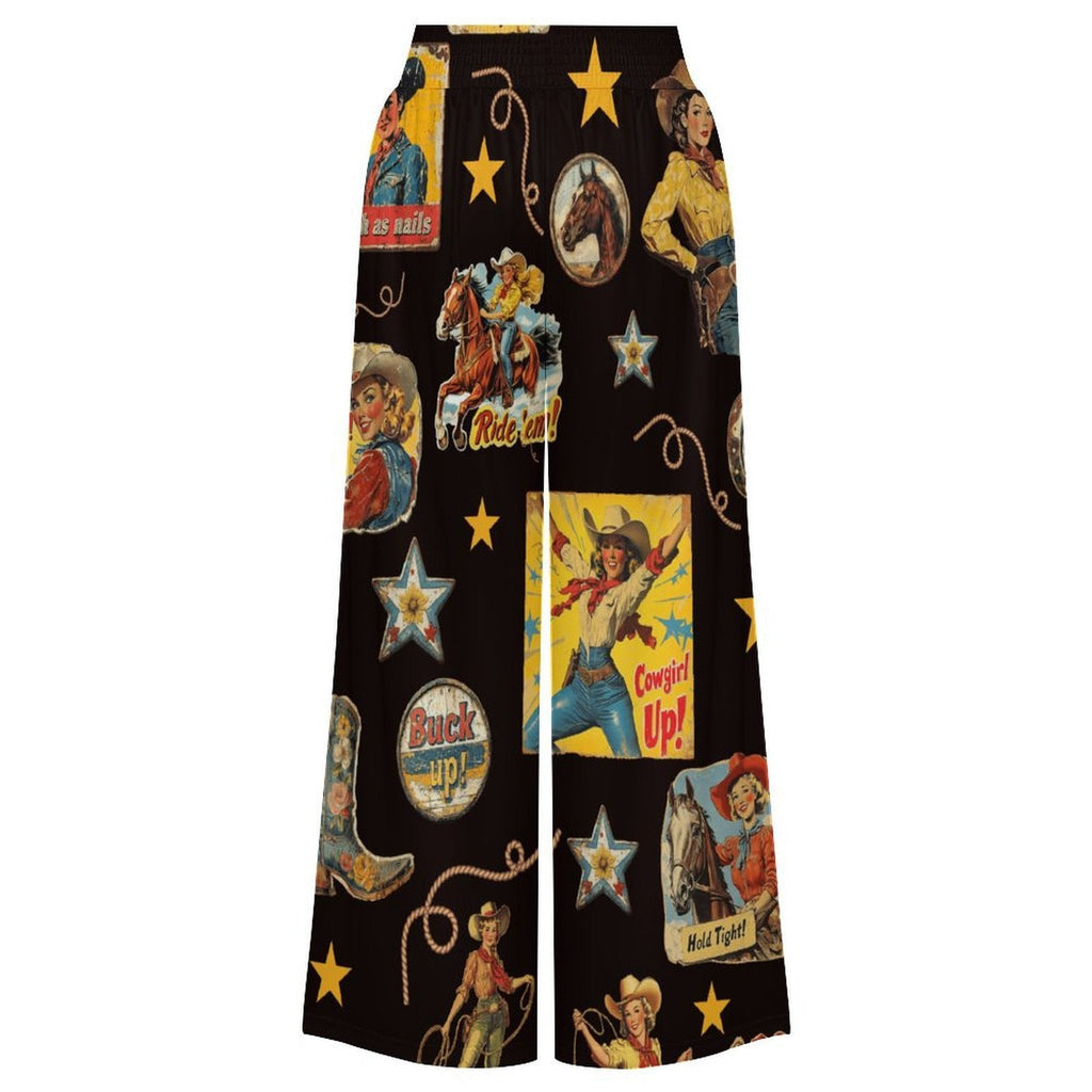 Baha Ranch Vintage Cowgirl Collage High Waisted Wide Leg Pants Inclusive Sizing