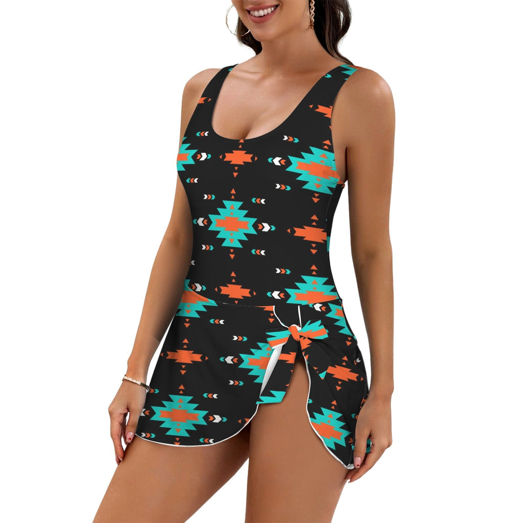 Baha Ranch Turquoise Orange Aztec Skirted Swimsuit
