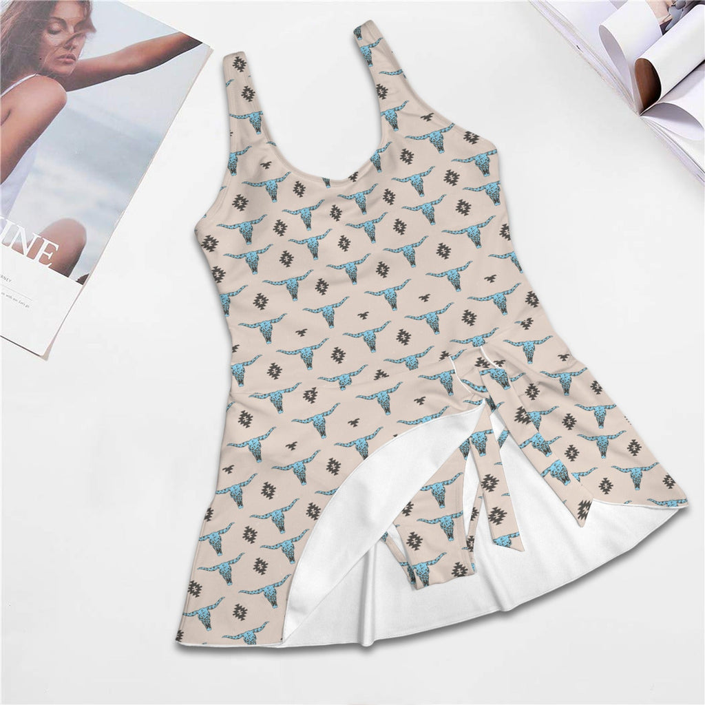Baha Ranch Turquoise Longhorn Skirted Swimsuit