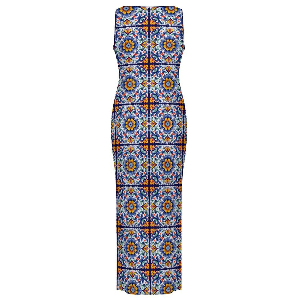 Baha Ranch Colores de Mexico Talavera Sleeveless Bodycon Side Slit Long Dress