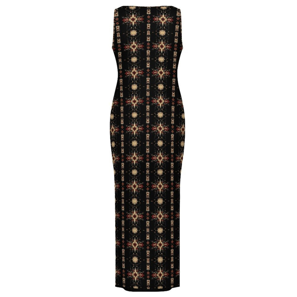 Baha Ranch Black and Tan Aztec Sleeveless Bodycon Side Slit Maxi Dress