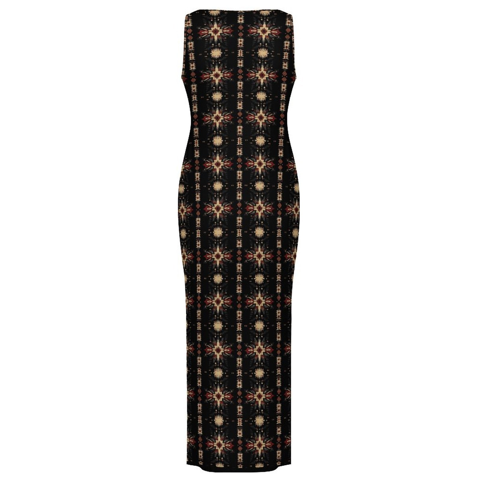 Baha Ranch Black and Tan Aztec Sleeveless Bodycon Side Slit Maxi Dress