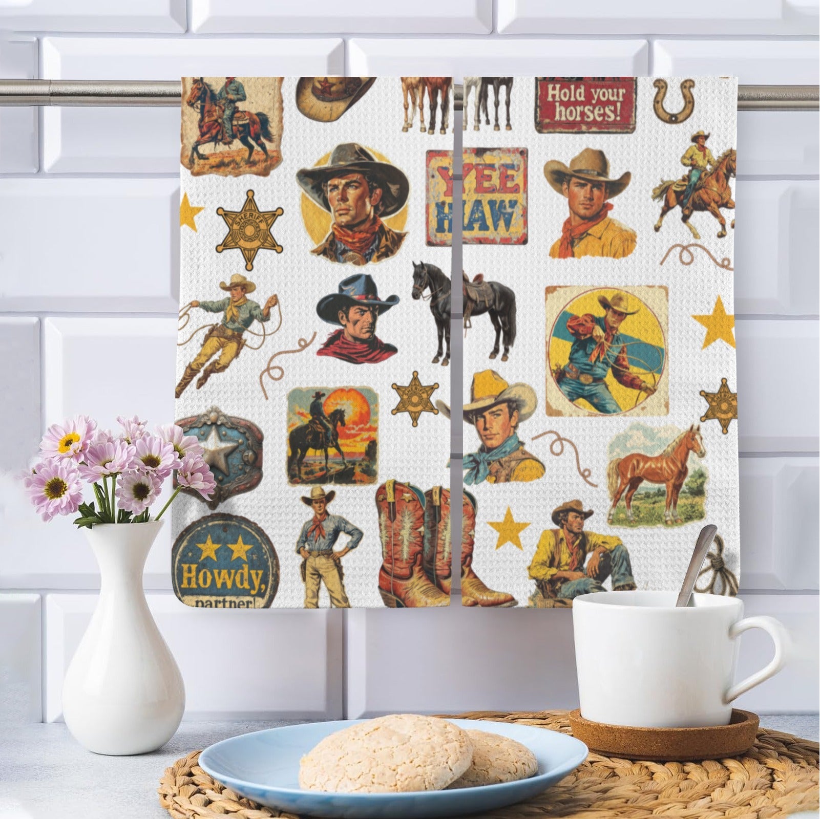 Baha Ranch Vintage Cowboy Collage Dish Towel Set of 2 Made in America