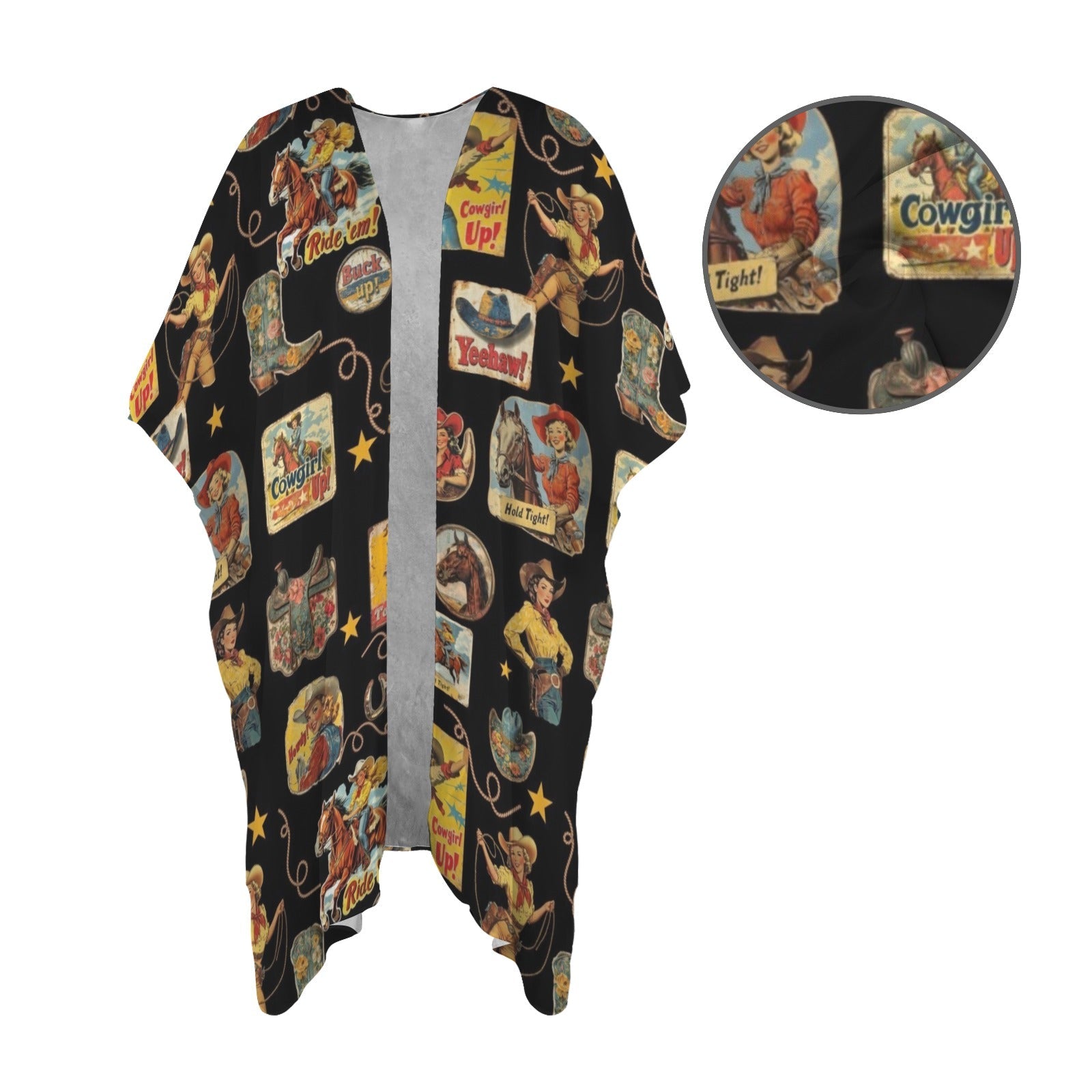 Baha Ranch Vintage Cowgirl Collage Kimono Coverup Duster