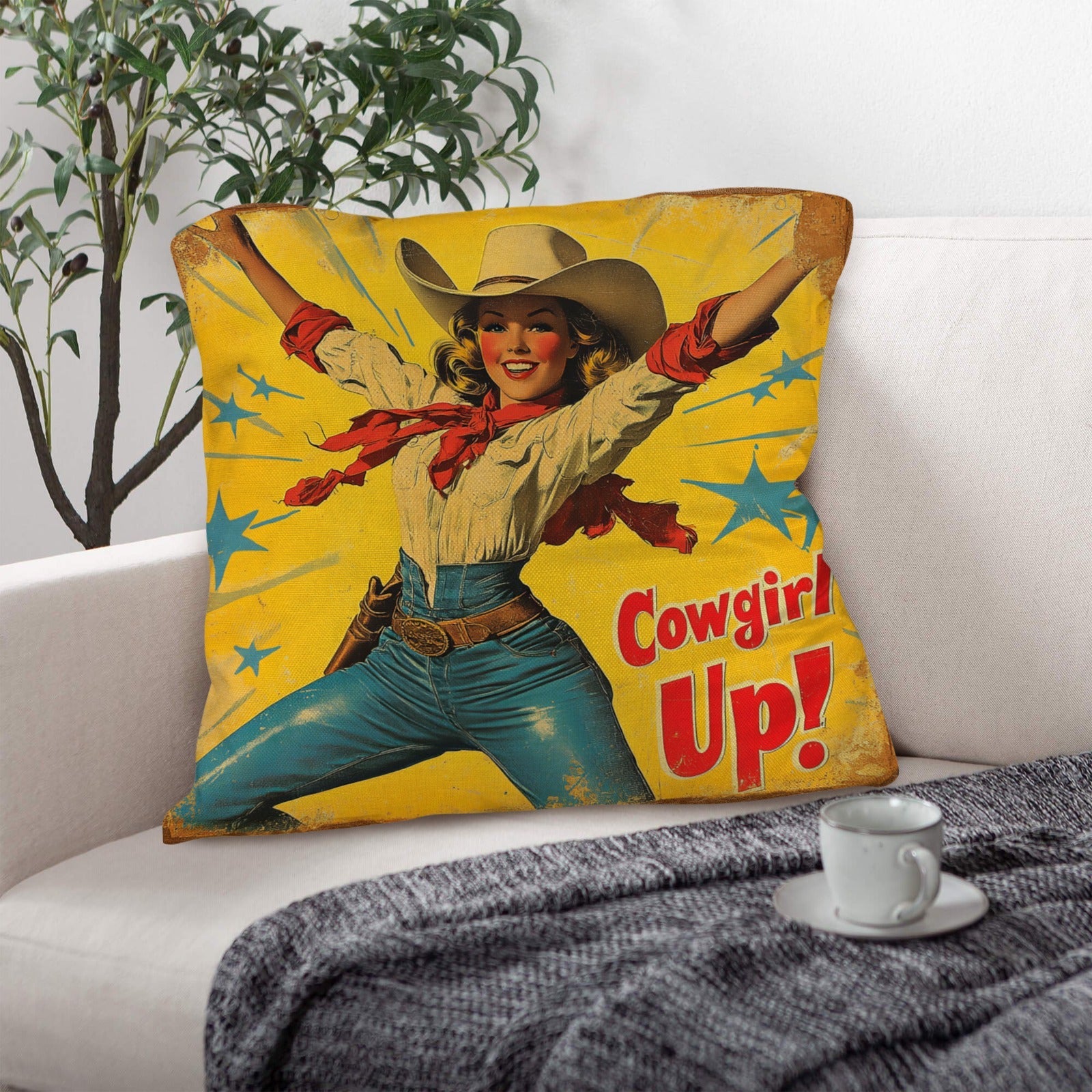 Baha Ranch Vintage Cowgirl Up Throw Pillow Case 18 x 18 Made in America