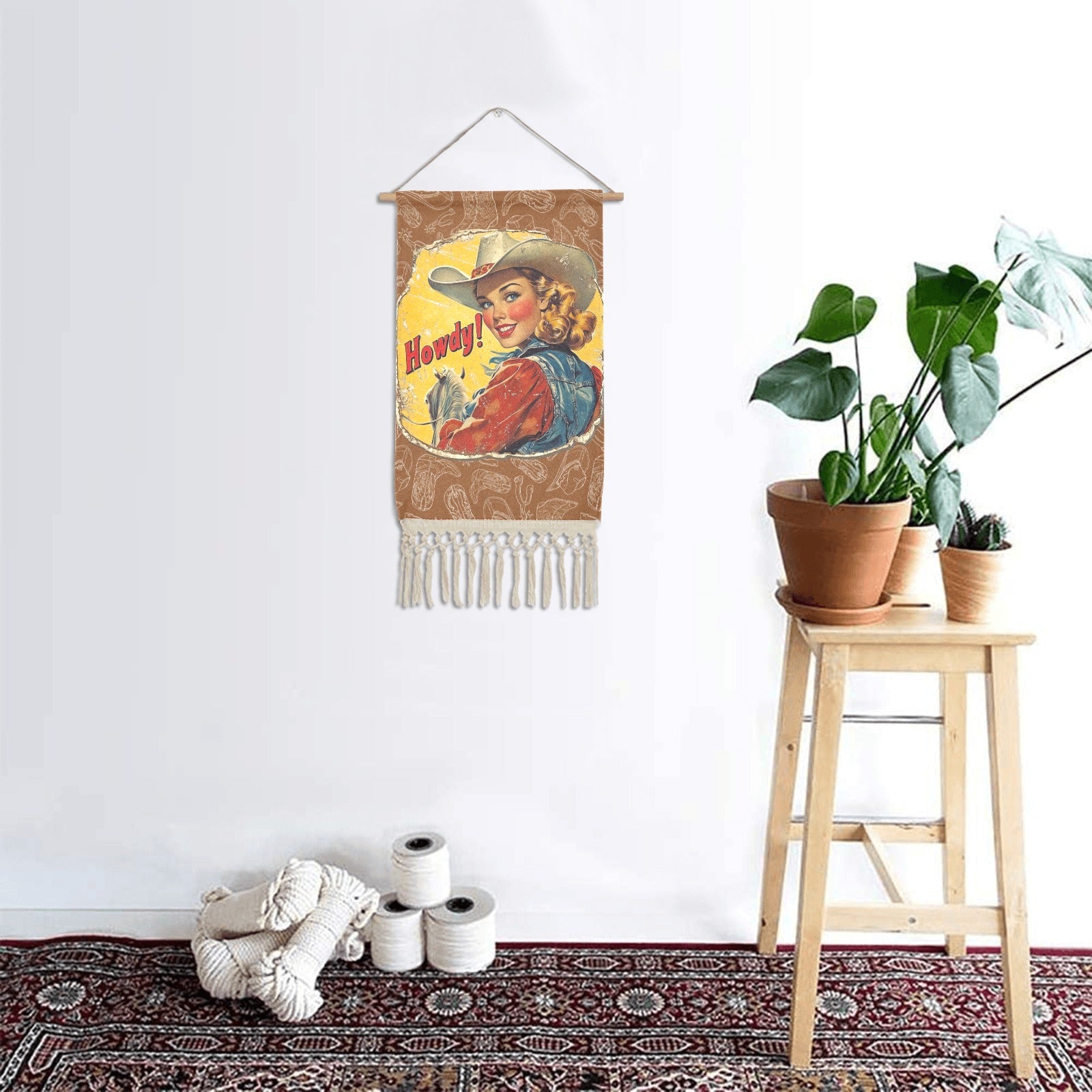 Baha Ranch Howdy Vintage Cowgirl Western Wall Decor Linen Hanging Poster with Fringe Made in America