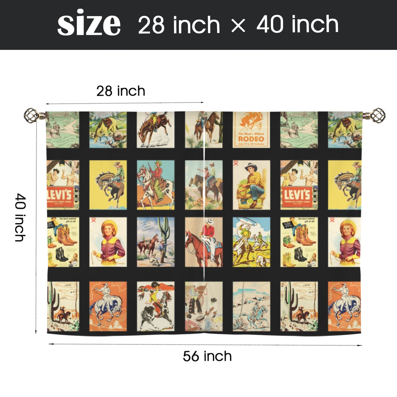 Baha Ranch Vintage Western Collage Window Curtains 28"x40" (2-Piece)Made in America