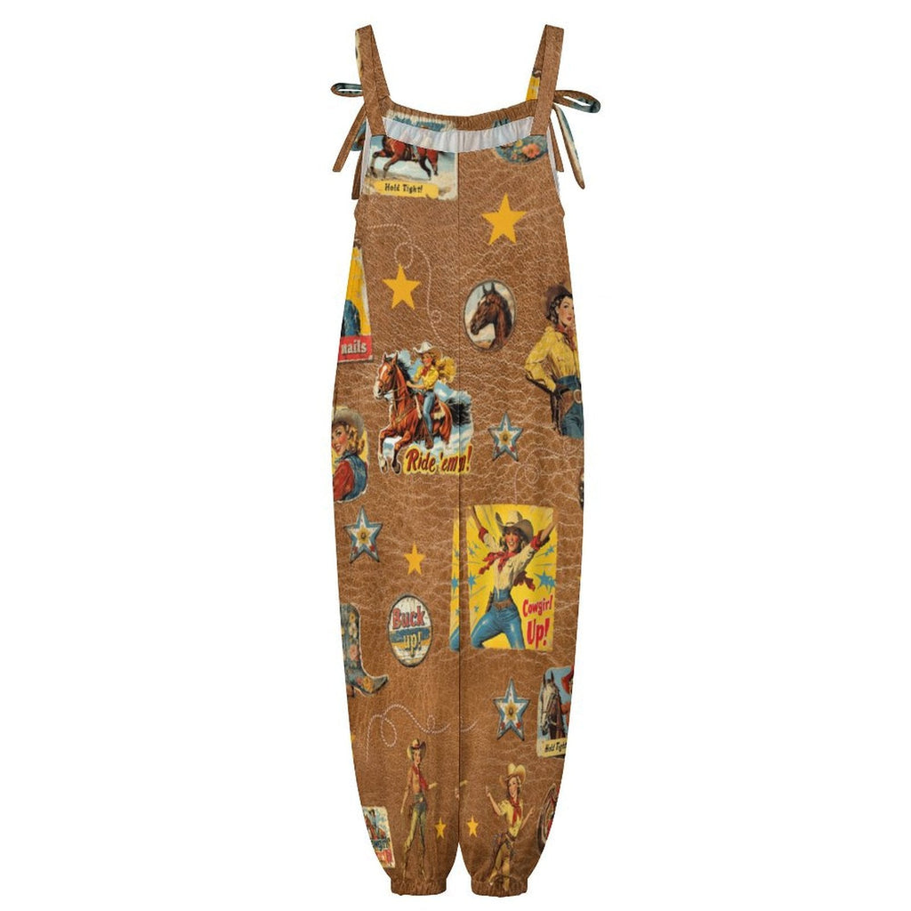 Baha Ranch Vintage Cowgirl Collage Overalls Jumpsuit
