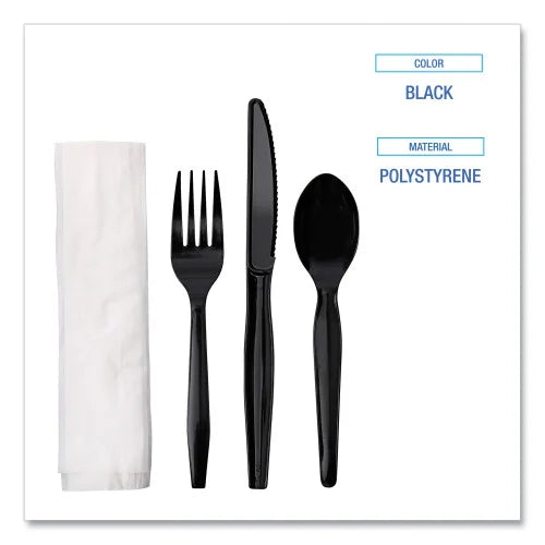 Boardwalk® Four-Piece Cutlery Kit, Fk/Kf/Npkn/Tsp, 250 Packs (BWKFKTNMWPSBLA)
