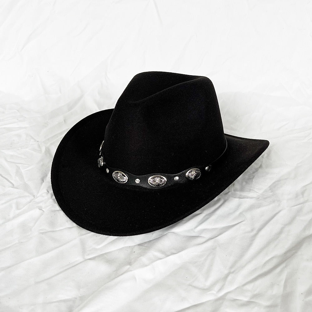 Punk Style Cowboy Top Hat Autumn And Winter Woolen Felt Hat Mens and Womens Jazz Hat British Style Metal Belt Vintage Top Hat