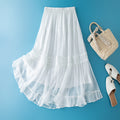 Elegant White Silk and Lace Patchwork Embroidered Solid Color Elastic Waist Flared Skirt