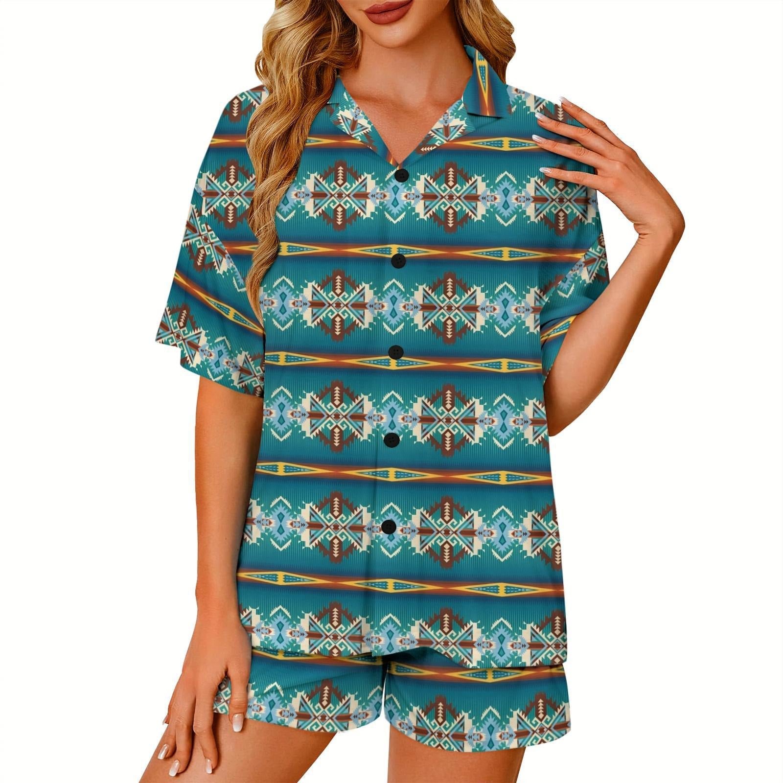 Baha Ranch Teal Aztec Women's Pajama Set Made in America