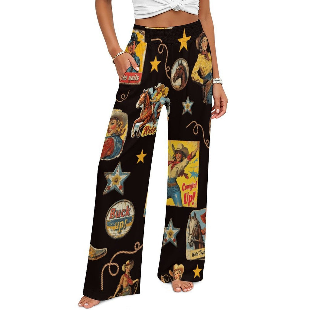 Baha Ranch Vintage Cowgirl Collage High Waisted Wide Leg Pants Inclusive Sizing