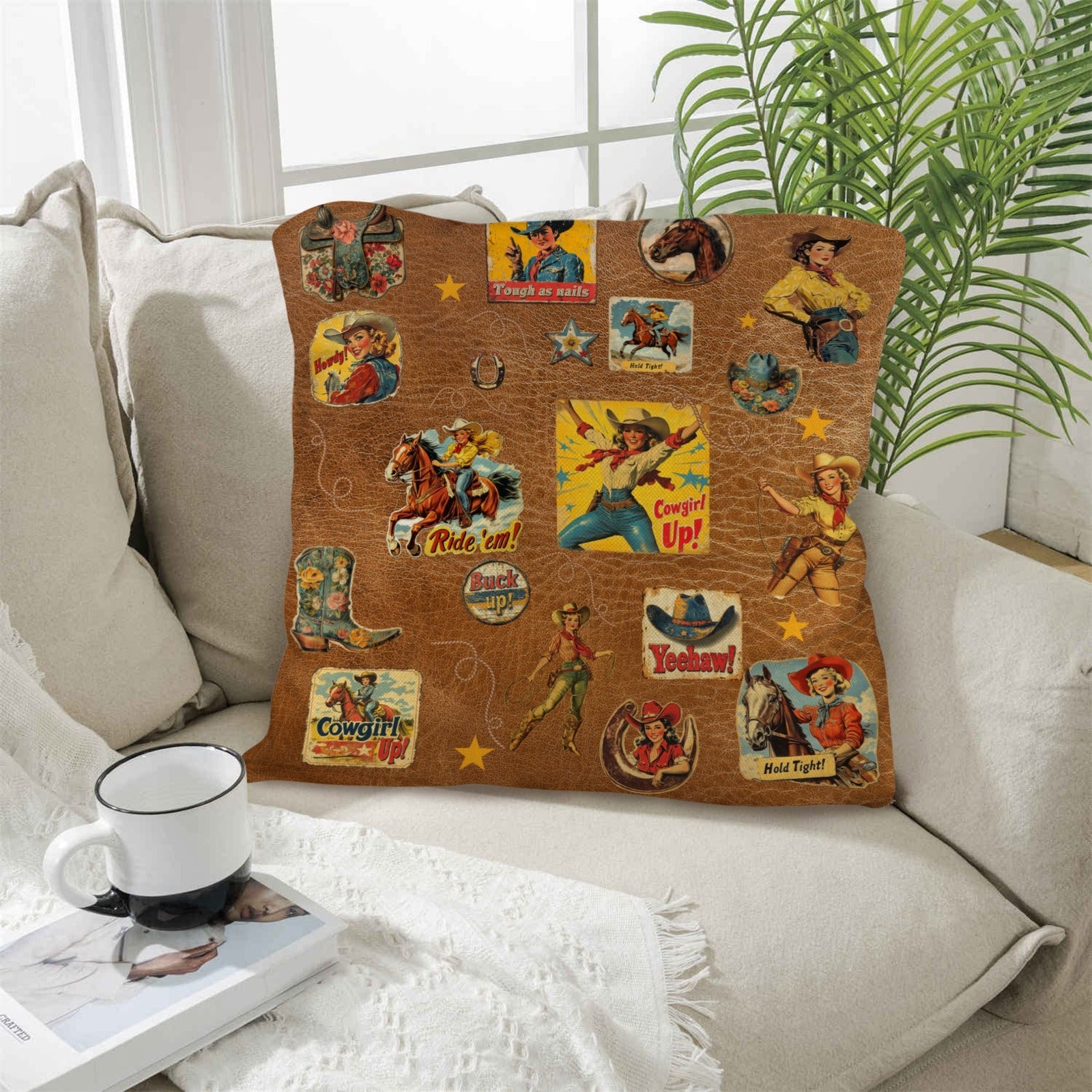 Baha Ranch Vintage Cowgirl Collage Square Pillow Case 18x18 Made in America