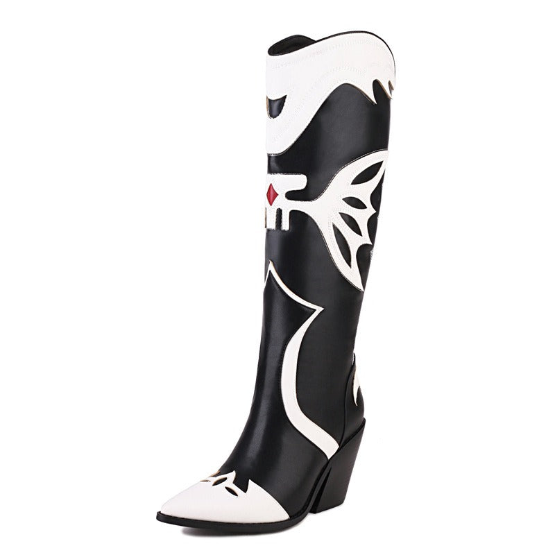 Western Cowboy Women's Knee High Boots Pointed Toe Crude Heel Slip On Female Embroidered Party Long Boots Women Shoes