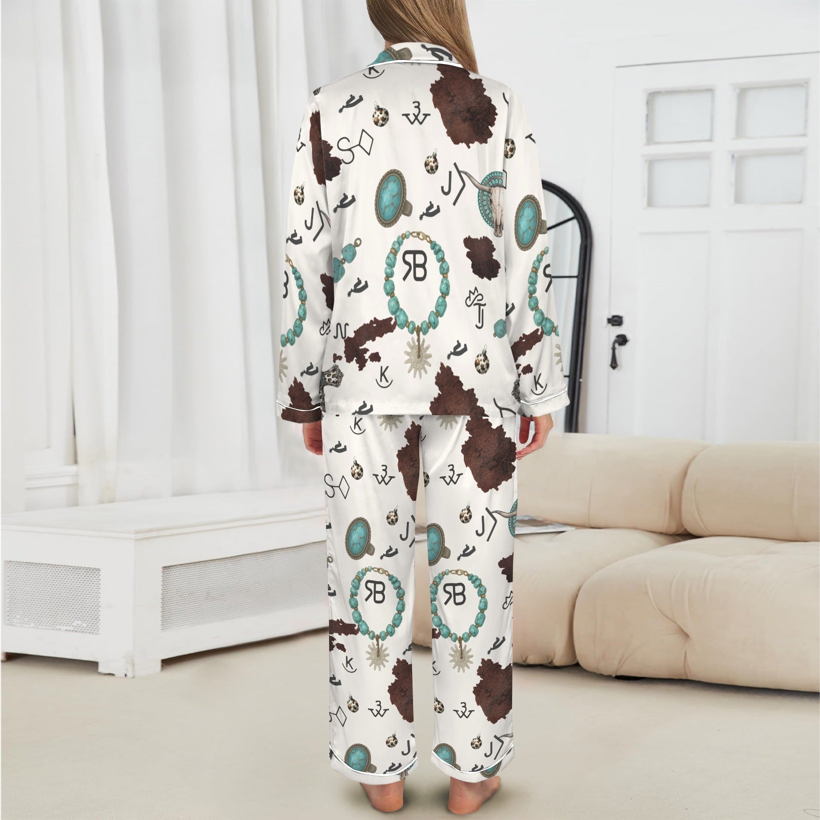 Baha Ranch Brands & Turquoise Cowgirl Christmas Western Cowprint Satin Pajamas