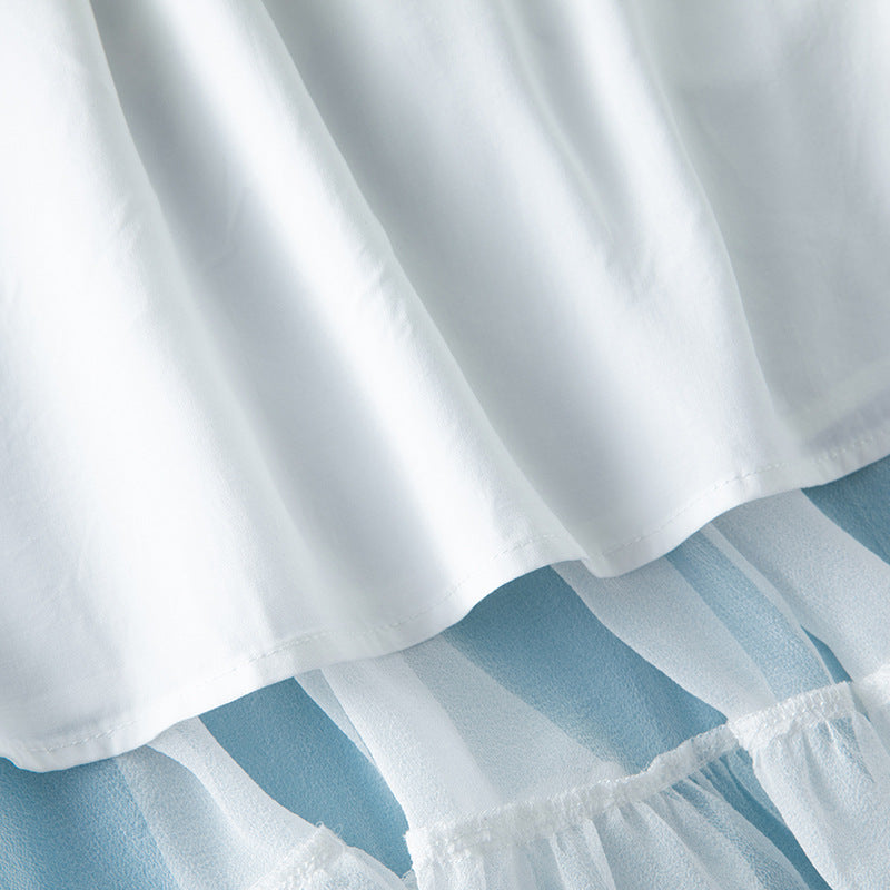 Elegant White Silk and Lace Patchwork Embroidered Solid Color Elastic Waist Flared Skirt