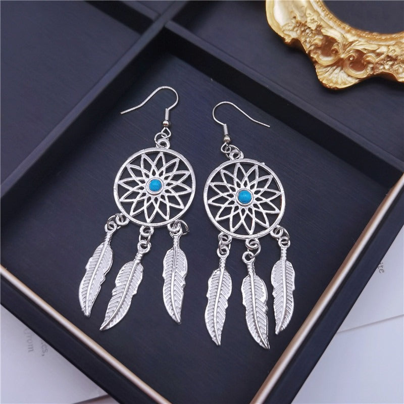 Dream Catcher Feather Turquoise Drop Earrings