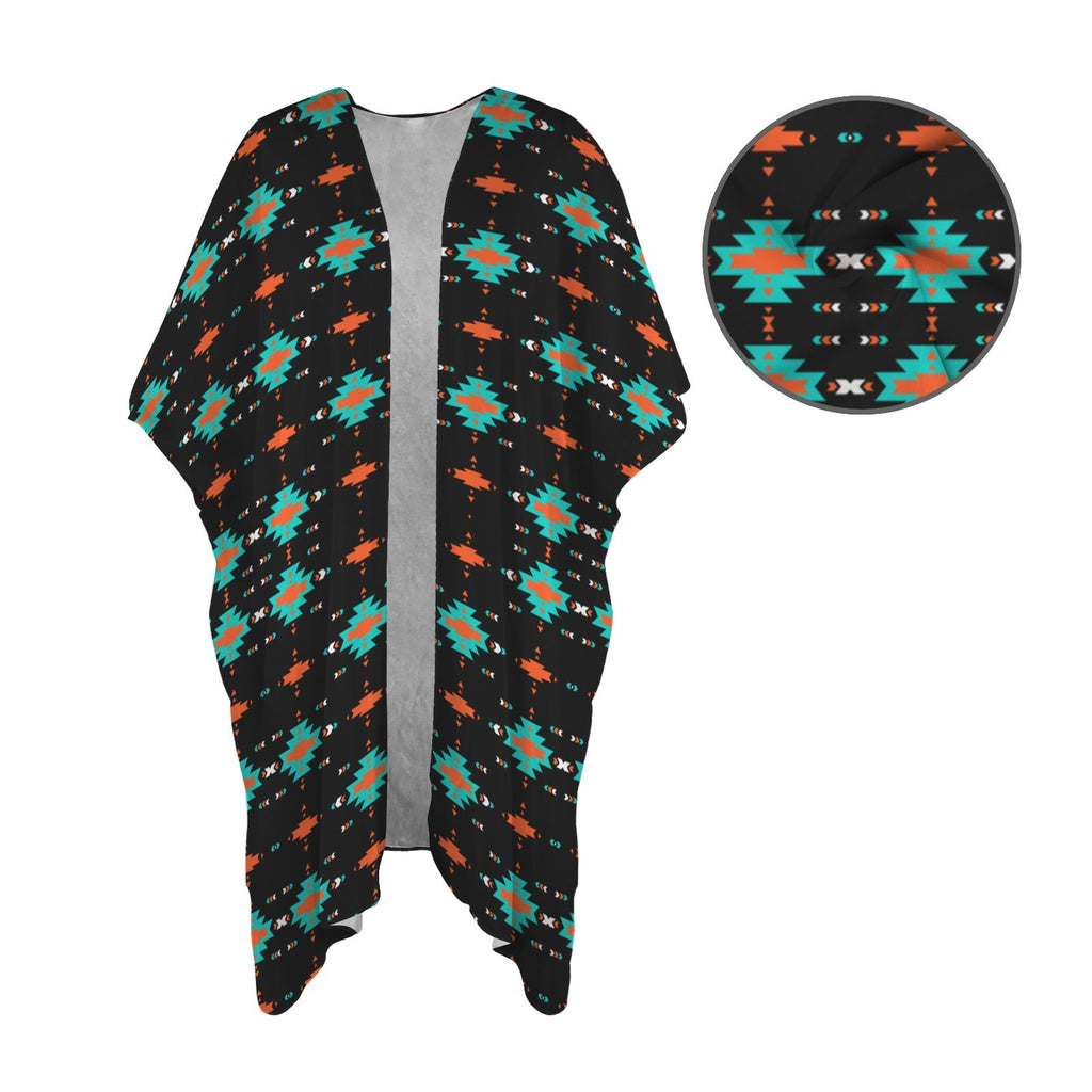 Baha Ranch Black Turquoise Orange Aztec Duster Kimono Coverup