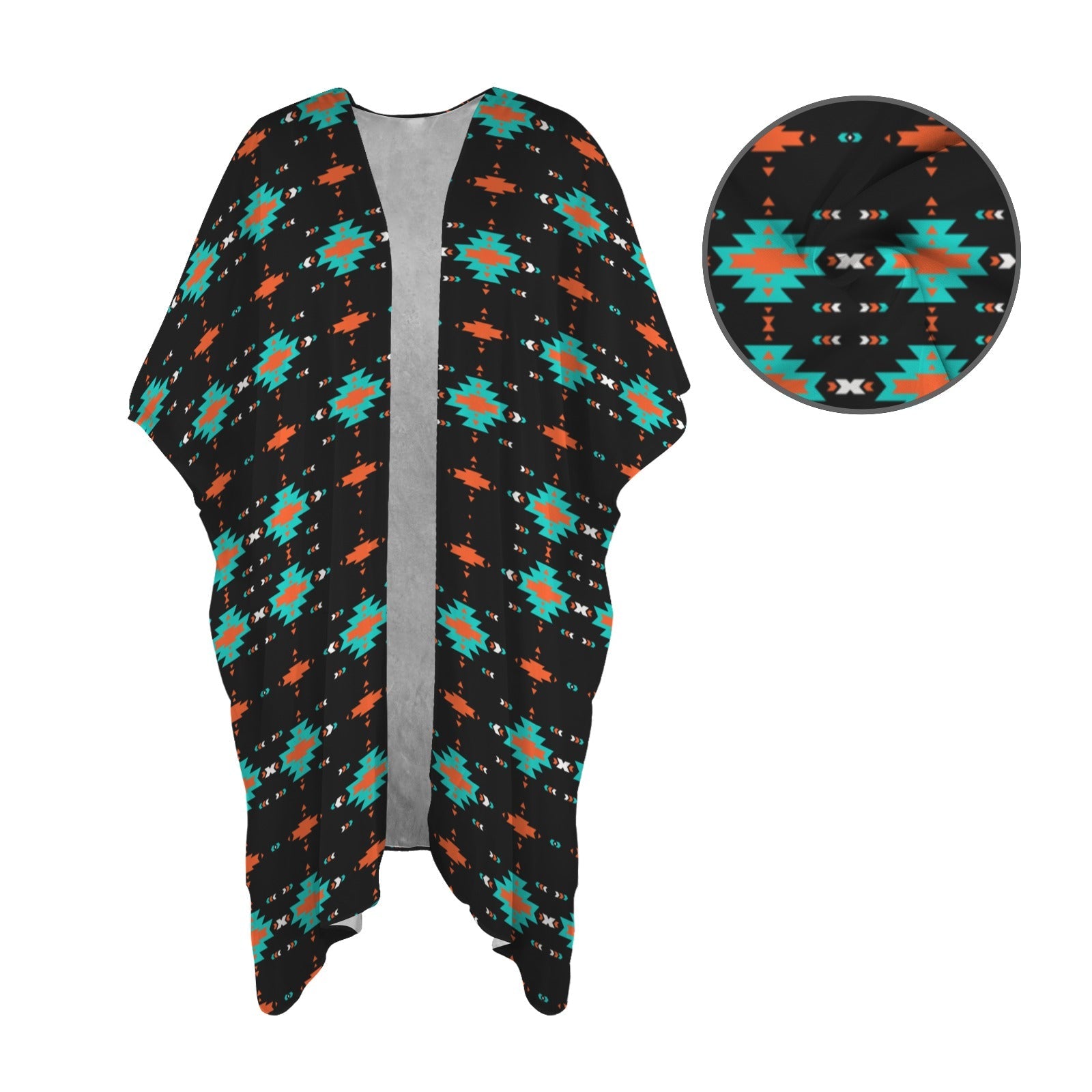 Baha Ranch Black Turquoise Orange Aztec Duster Kimono Coverup