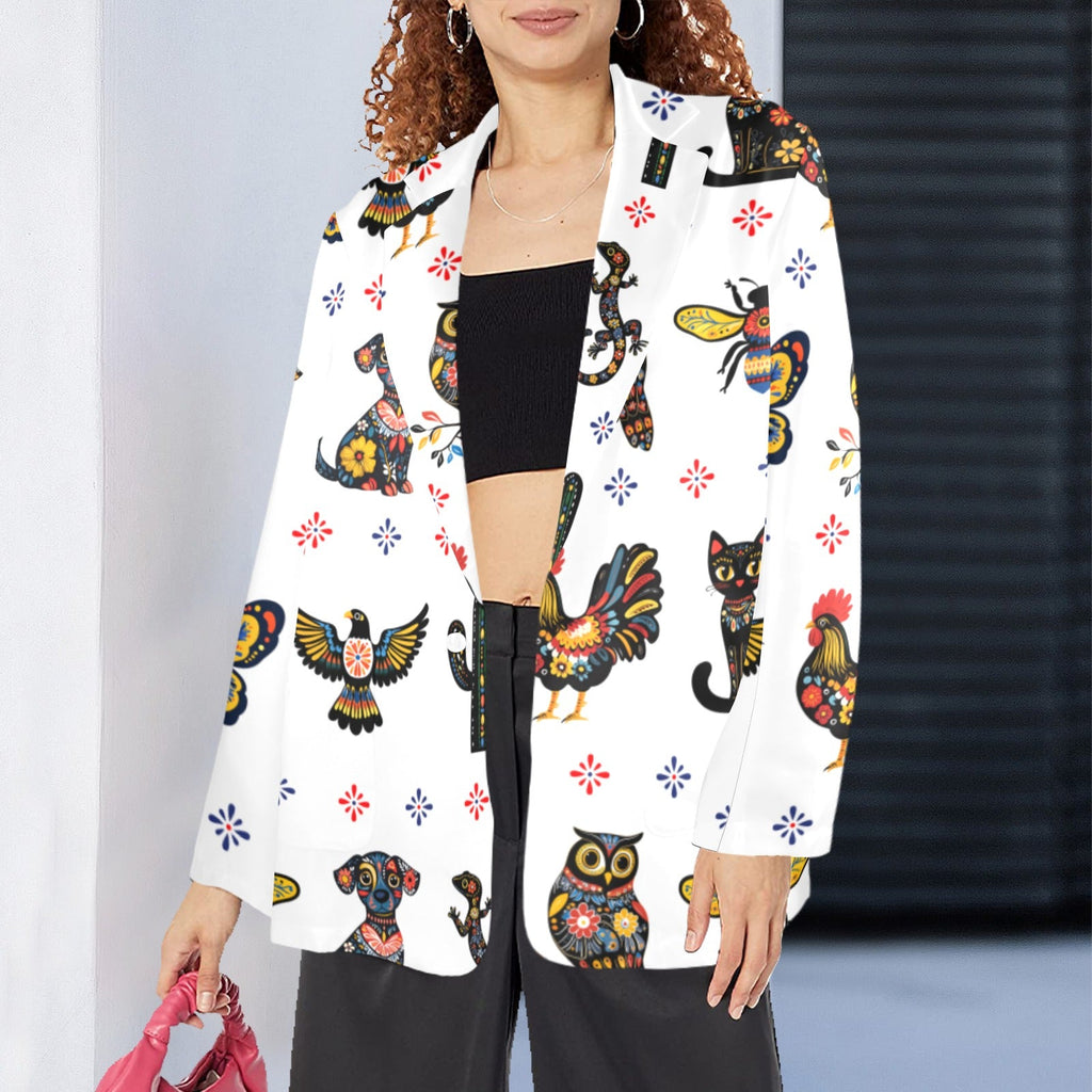 Baha Ranch Colores de Mexico Mexican Talavera Floral Animals Blazer in White