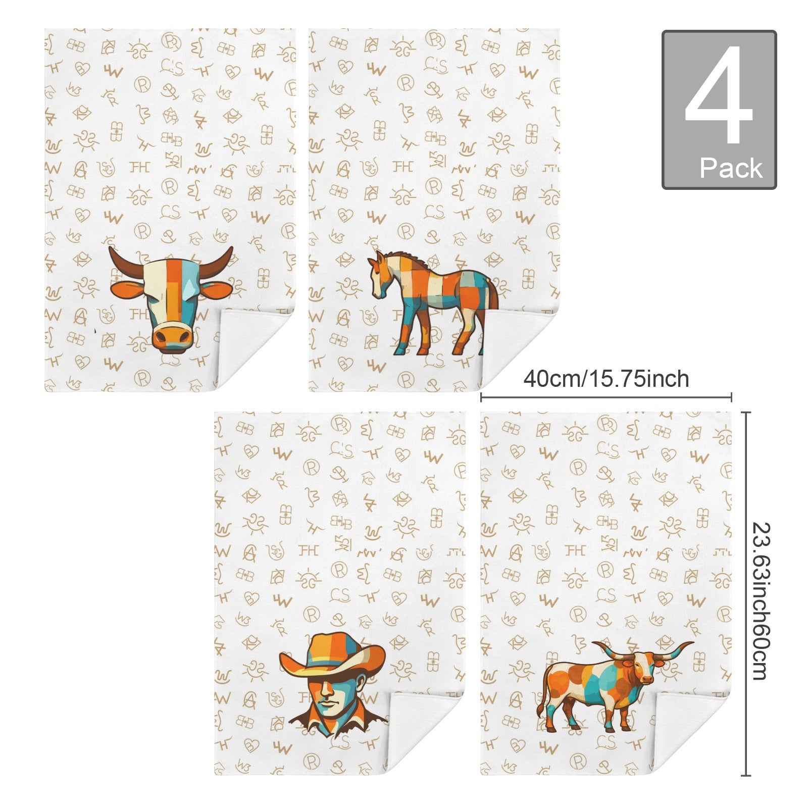 Baha Ranch Set of 4 Minimalistic Cowboy Western Cattle Brands Kitchen Towels Made in America