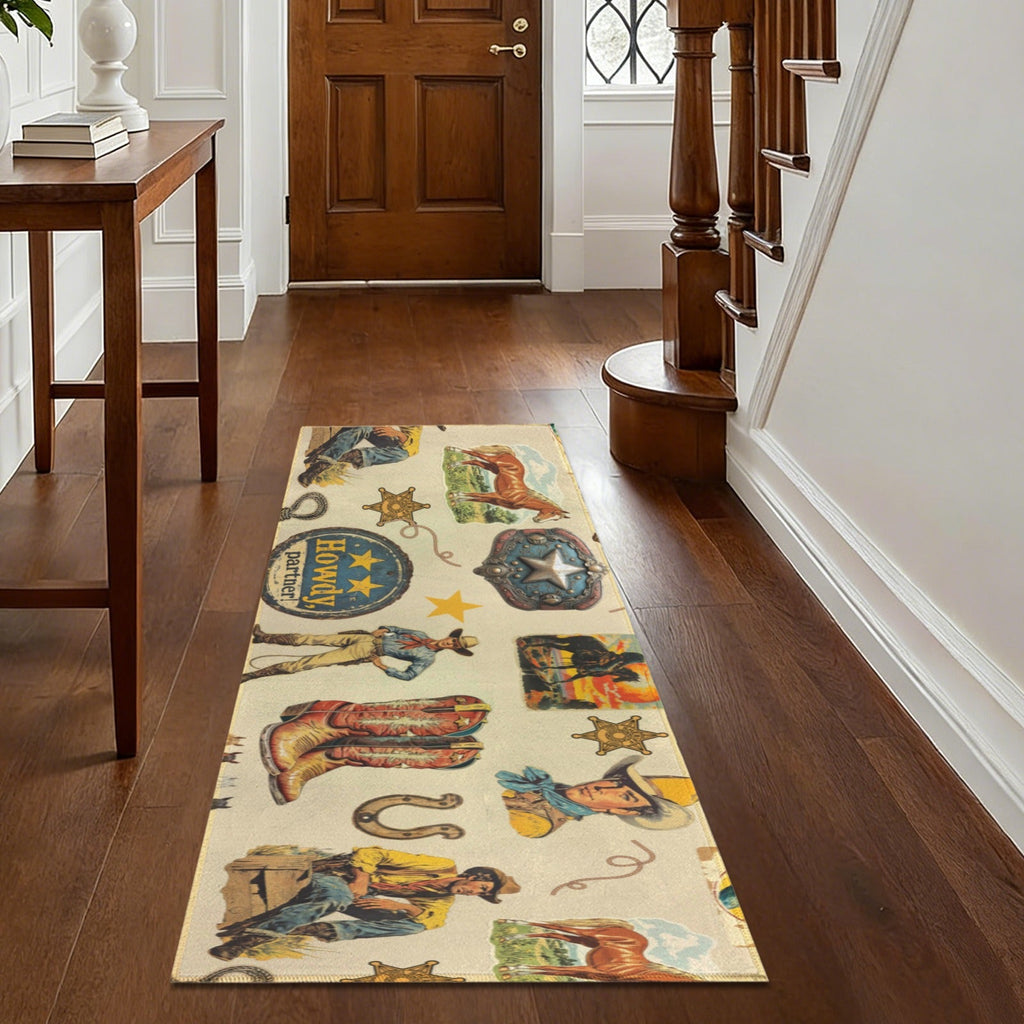 Baha Ranch Vintage Cowboy Collage Rug Runner Indoor 60" x 22" Made in America