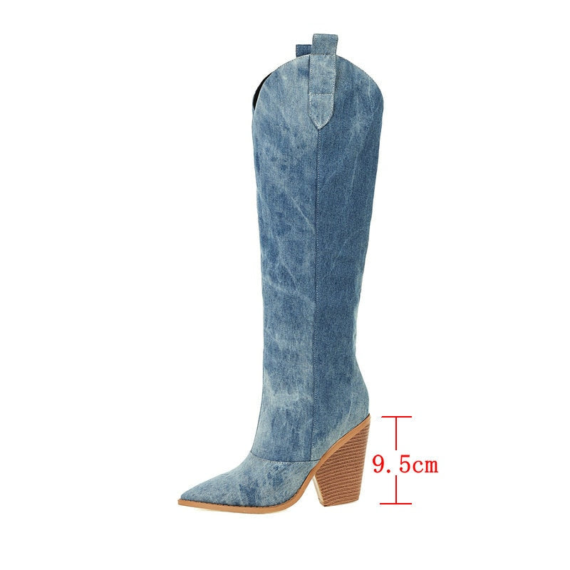 Fashion Denim Western Women Knee High  Boots Wedges High Heel Cowboy Boots Slip On Autumn Winter Shoes Big Size 34-43