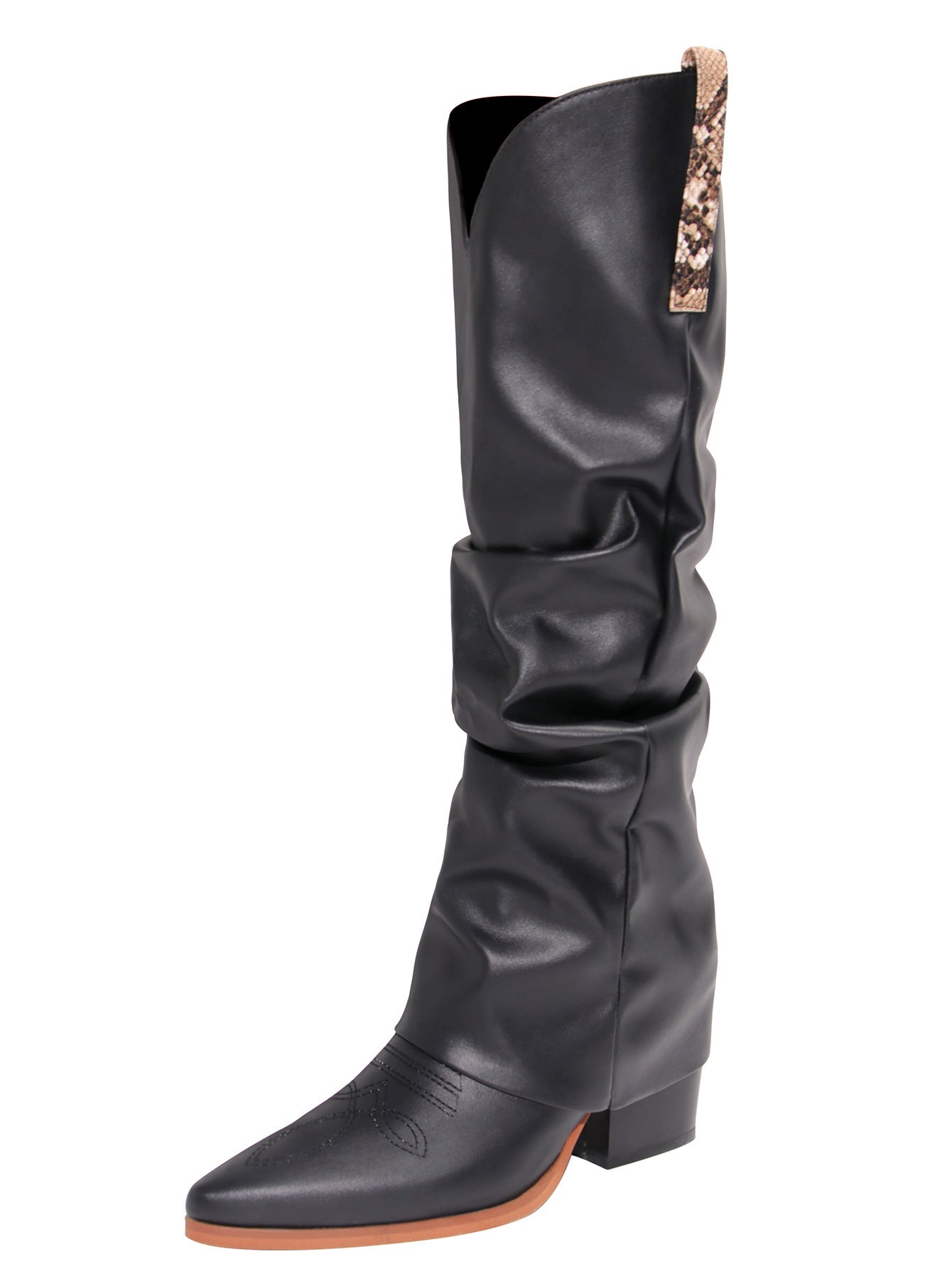 Embroidery Pointed Toe Western Cowboy Boots For Women Pleated Leather Knee High Shoes Chunky Square Heels