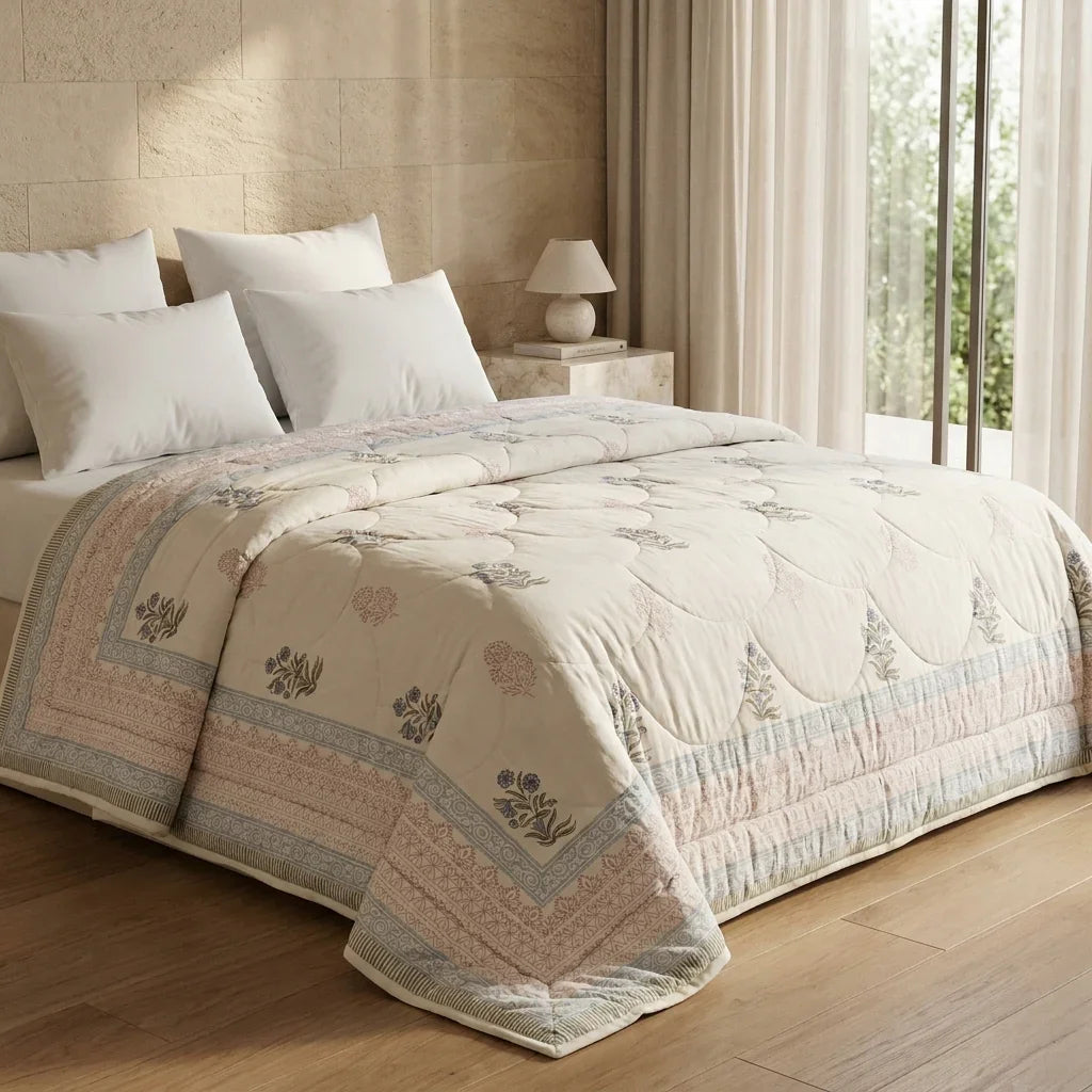 Cream & Burgundy Slate Floral Jaipur Indian Hand Block Print Quilted Comforter